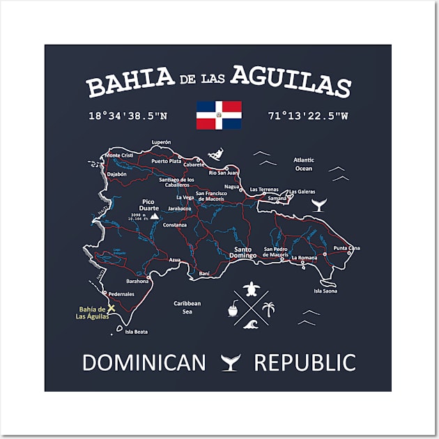 Bahía de las Águilas Dominican Republic Flag Travel Map Coordinates GPS Wall Art by French Salsa